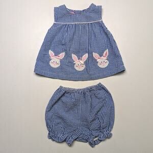 Vintage Ellemenno Outfit Baby Girls Size 6-9m Blue Gingham Seersucker Rabbit